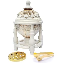 AM Charcoal Incense Burner - Bakhoor Burner, Oud Frankincense Resin Burner for Office & Home Decor - Lavish 4 Pillar (White)