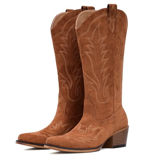 Suede Cowboy Boots for Women Western Mid Calf Cowgirl Boots with Embroidered, Retro Snip Toe Fashion Boot With Chunky Block Heel Summer Fall Country Music Festival Cowboy Chic