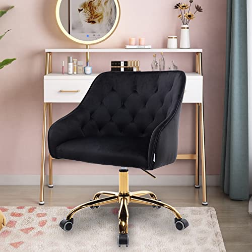 Ssline Elegant Velvet Desk Chair For Girls Women Modern Swivel Office Computer Chair On Wheels Cute Vanity Chair Leisure Chair W/Arm For Home Study Living Room (A Type-Black&Gold) #TOP1