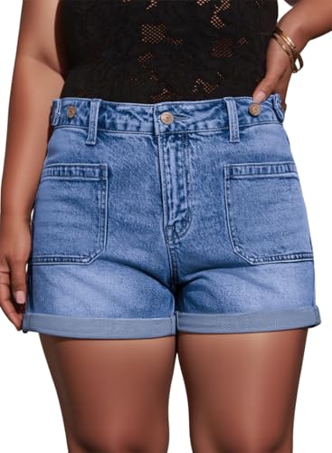 Eytino Women Plus Size Denim Shorts Trendy Stretch High Rise Rolled Hem Summer Casual Jean Shorts with Pockets 3X Ashleigh Blue
