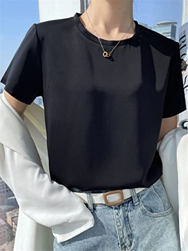 FULBHPRINT Zomer Vrouw O Hals Korte Mouwen Tees Satijn Blauw Champagne Effen Kleur Losse T Shirt Zijde Tops - Afbeelding 4