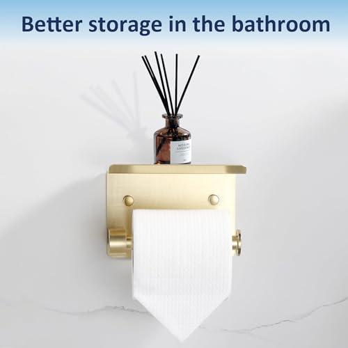 BGL Toilet Paper Holder with Shelf, Jumbo Roll Toilet Paper Holder for Large Rolls,Brushed Gold Adhesive Toilet Roll Holder for Bathroom，Renter Friendly Toilet Paper Holder by BGL - Image 2