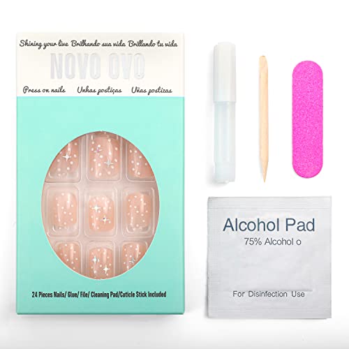 Novo Ovo Extra/Real Short Square Oval Jelly Nude Polka Dots With Star Sticker Thick False Fake Press On Nails Glamorous Sky Glossy Iridescent Stick On Acrylic Kit With Glue Valentine's Day Spring #TOP4