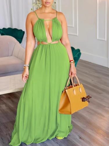 Image of Unybwonn Womens Summer Dress Spaghetti Strap Halter Sleeveless Sexy Cutout Boho Maxi Sundress Beach Vacation Dresses