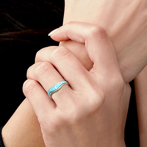 Shop LC Santa Fe Style Turquoise Ring for Women 925 Sterling Silver Band Boho Western Jewelry Gifts Promise Rings Size 8 Birthday Gifts - Thumbnail 2