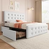 GAOMON Full Size Bed Frame with 4 Storage Drawers and Headboard, Faux Leather Upholstered Platform Bed Frame with Wooden Slats Support, Button Tufted Design, No Box Spring Needed, White