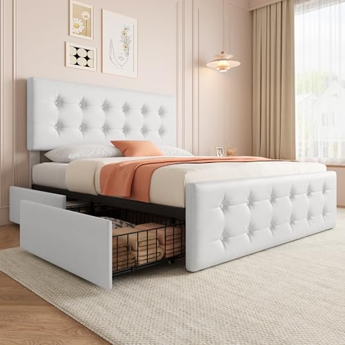 IDEALHOUSE Full Size Bed Frame with 4 Storage Drawers and Headboard, White by IDEALHOUSE - Used condition - US$144.73