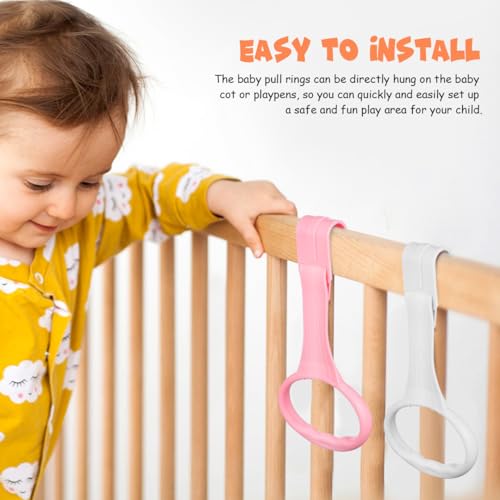 Image of Veemoon Baby Pull up Rings for Playpen, 4Pcs Newborn Crib Pull up Rings Infant Stand Practice Handles Baby Learn to Walking Tool - Ergonomic Handles - White Pink Toddler Walking Support Accessory