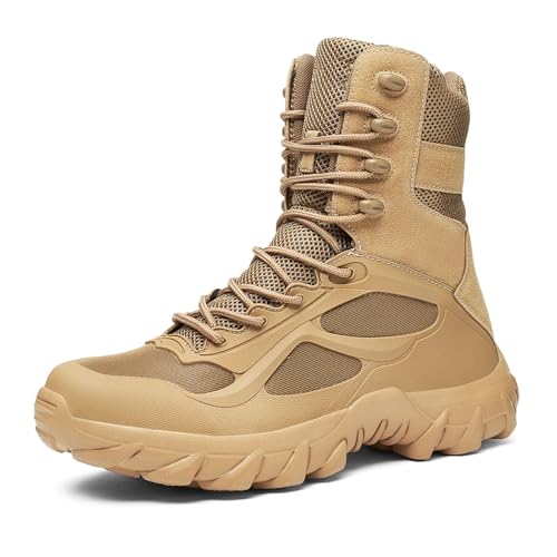 LDZDGD Botas Tácticas de Combate para Hombre con Cremallera Lateral, Ligeras y Cómodas, de Malla Transpirable, Impermeables, Ideales para Senderismo, Caza y Patrullaje(Brown,42 EU)
