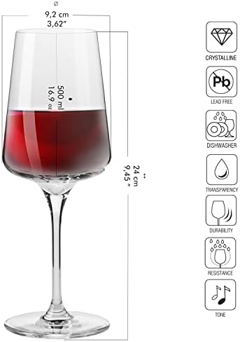 KROSNO Red Wine Glasses Large Wine Glass | Elegant Design | Set of 6 Glasses | 500 ML | Wine Tasting Set White Wine Glasses | Ideal for Home, Restaurant and Party | Dishwasher Safe
