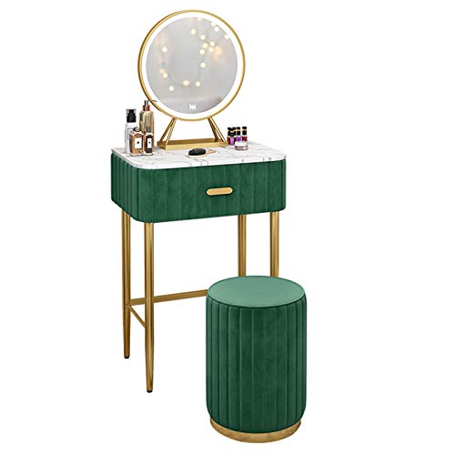 Bureau d'écriture de Table de Maquillage rectangulaire de Chambre créative, avec 1 tiroirs coulissants et Miroir Rond LED de personnalité, idéal pour Un Petit Appartement, Design Chic Unique (Gris) Cover