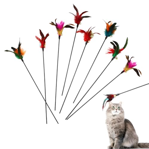KYLOS Giochi Con Piume Per Gatti 8 Pezzi, Giocattoli Interattivi Per Gatti, Gioco Con Piume E Campana, Giocattoli Per Gattini, Colore Nero, Lunghezza 65Cm