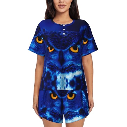 Pyjama hibou bleu 2 pièces pour femme avec short et t-shirt col rond à poches