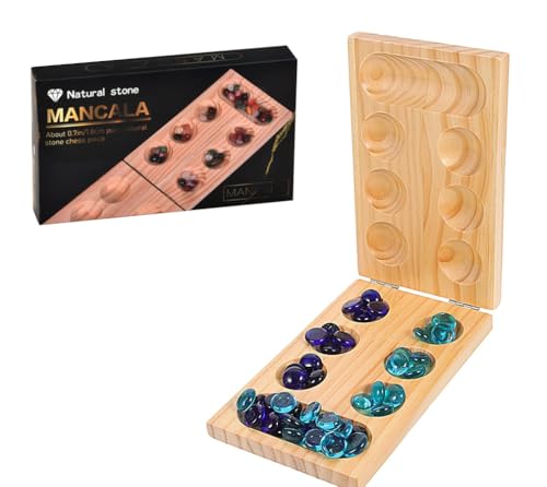 Mancala Board Game Set, Classic Portable Travel Game with Wooden Folding Board & 48 Glass Stones, Fun 2 Player Strategy Game for Kids, Adults & Family Game Night