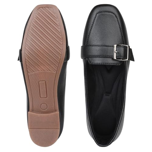 Women's Faux Leather Loafers with Buckle Detail & Square Toe | Stylish Flat Slip-On Casual Shoes for Women, Comfortable Everyday Fashion Footwear for Office, Travel, Shopping-image-10