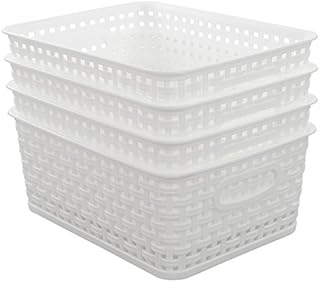 Lesbin Set of 4 Plastic Storage Basket, Weave Basket Small, White