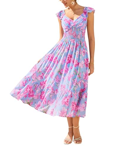 Image of GRACE KARIN Women's Summer Floral Maxi Dress 2026 Ruffle Sleeve Smocked Sundress Flowy Wedding Guest Long Dresses with Pocket