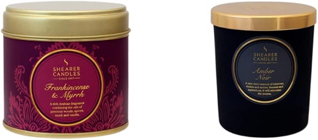 Shearer Candles Frankincense and Myrrh Large Scented Gold Tin Candle - Burgundy & Amber Noir Scented Jar Candle with Gold Lid, Black