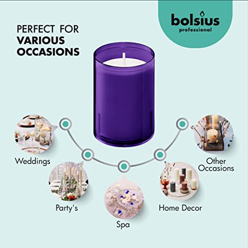 Bolsius Votive Candles - 20 Pack Restaurant Candles In Purple Unbreakable Plastic Cups - 24 Hours Burn Time - Premium European Quality - Unscented Smokeless Wedding, Birthday, Party & Relight Candles #TOP3