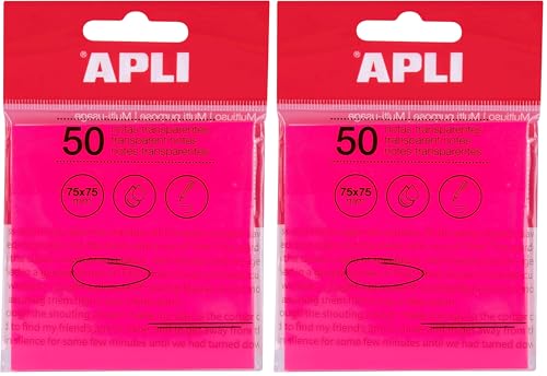 APLI 19570 - Notas adhesivas transparentes 75 x 75 mm de color rosa, Bloc 50 hojas de notas translúcidas resistentes al agua para estudiantes, uso escolar u oficina (Paquete de 2)