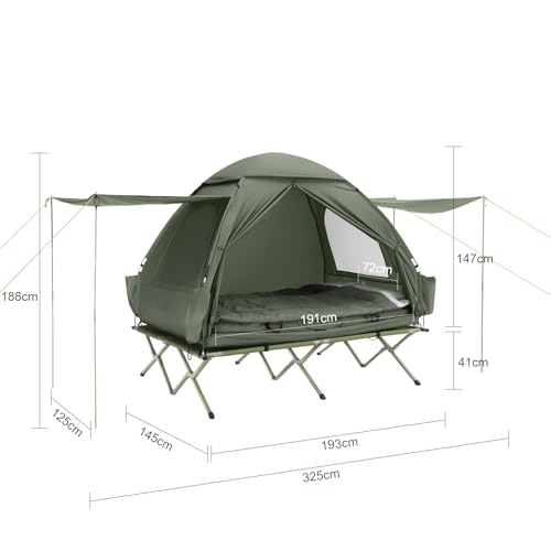 SoBuy Feldbett mit Zelt 2 Personen 7in1 Wurfzelt mit Luftpumpe, Rolltasche, Schlafsack, Vorzelt Wasserdichtes Campingbett Outdoor Campingliege Familienzelt Grün 193x188x145cm bis 180 kg OGS32-L-GR