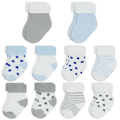 ZERULETS Calcetines para bebés y niñas recién nacidos, calcetines gruesos de rizo, cálidos, 10 pares de calcetines de invierno para niños pequeños de 0 a 3 años, Gris y azul, 1-3 Years