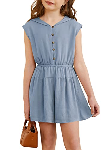 Blibean Girl Summer Rompers Tween Kids Short Sleeve Jumpsuits Button Down Jumpers Solid Pants Outfits Casual Clothes Size 12-13 Years Xx-Large Blue #TOP30