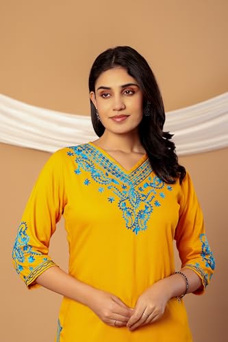 Image of Rayon Kashmiri Embroidered Short Kurti for Women | V-Neck Tunic Top with 3 /4 Sleeves | Floral Design Indo-Western Kurti for Jeans & Leggings