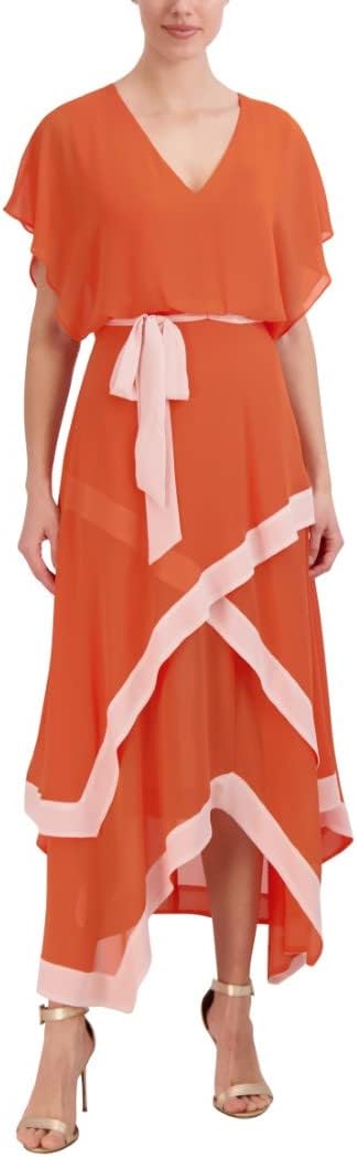 BCBGMAXAZRIA Womens V Neck Short Sleeve Flowy Maxi Tiered Handkerchief Dress