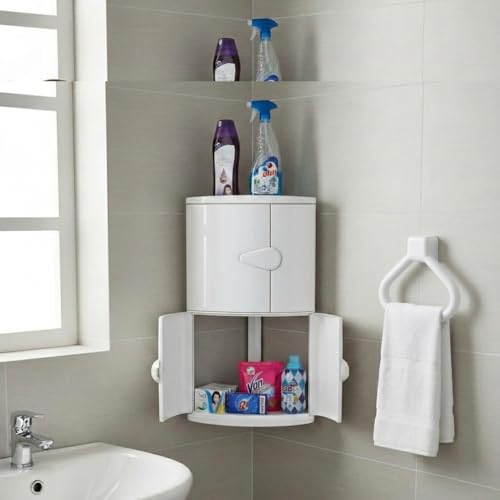 Image of CIPLA PLAST Double Door Corner Shelf for Bathroom | Bathroom Corner Cabinet with Door | Bathroom Cabinet Without Mirror | Storage Organizer | BRC-704 | with Towel Ring