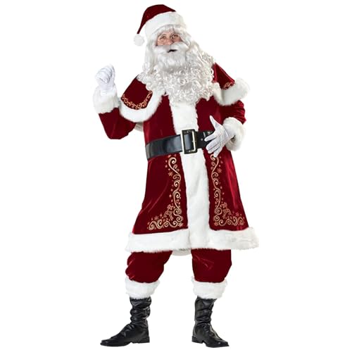 GEMVIE Men's Santa Claus Costume Adult Deluxe Christmas Costume Santa Outfit Xams Party Cosplay Santa Suit 10pcs Set