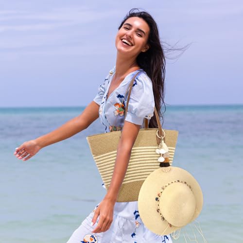 RUNROLE Raffia Tote Bags with Tassel Hat Clip, Straw Beach Purses for Women by RUNROLE - Used condition - Image 2