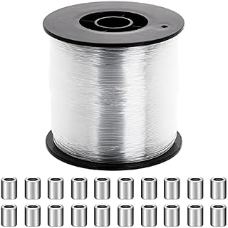 Clear Invisible Hanging Wire 0.8 mm up to 80 Lbs, 656Feet Fishing Line with 100PCS Aluminum Crimping Loop Sleeves Clear String Hanging Kit for Picture Frame Decoration, Beading Sewing