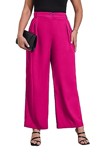 WDIRARA Women's Plus Size High Waist Button Pleated Straight Leg Pants Casual Pants