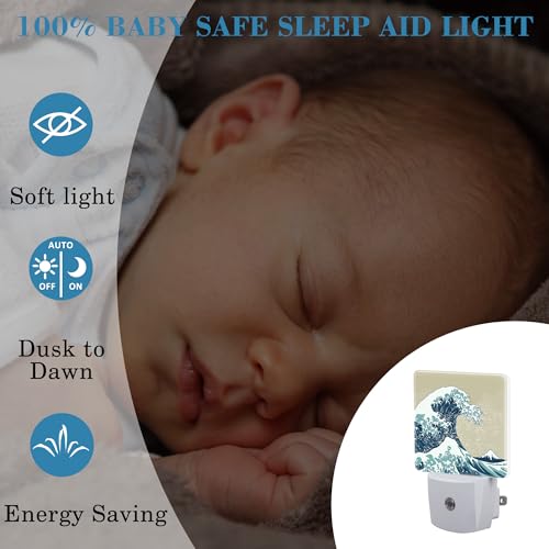 Image of Plug in Night Lights Japanese Great Wave Nightlight Plug Into Wall Dusk to Dawn Sensor LED Night Light for Kid Girls Boys Women Men Room Decor, Hallway, Kitchen, Bathroom, Nursery, Stairs