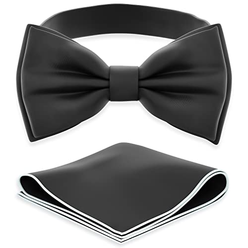 Adam Young Boy's Black Bow Tie With Handkerchief Set Pre-Tied Style Formal Satin Classic Bowtie For Tuxedo Faux Silk (Medium, Black) #TOP21