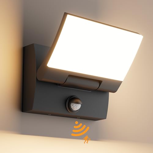 K-Bright 30W LED Applique Esterno/Interno con Sensore di Movimento, Lampade da Parete Orientabile IP65 Applique da Parete in Alluminio per Giardini Ingresso Terrazza, Nero, Bianco caldo 3000K