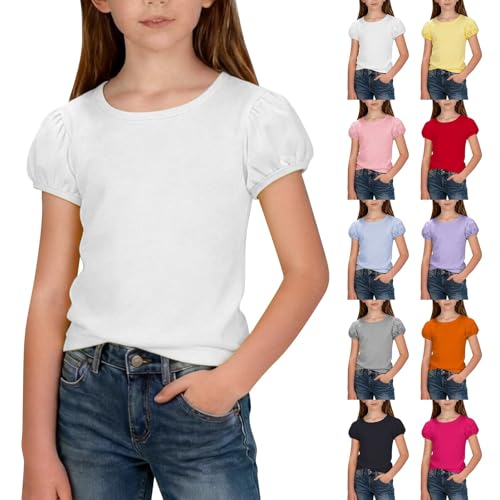 Lista de Blusas de Moda para Niña los más recomendados. 44 Camisas de manga corta abombadas para niñas, cuello redondo, túnica básica, para verano, casual, blusas de algodón, a la moda, blusas de moda, Blanco, 2-3T