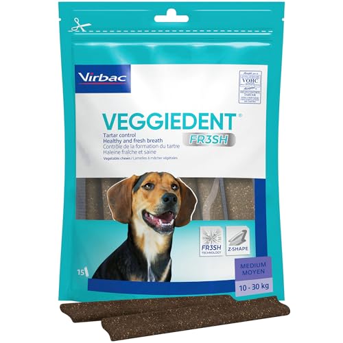 Virbac Veggiedent FR3SH Dog Dental Chews - Dog Teeth Cleaning and Breath Freshening Treats for Medium Size Breeds and Puppies 10-30kg - 15 Chews