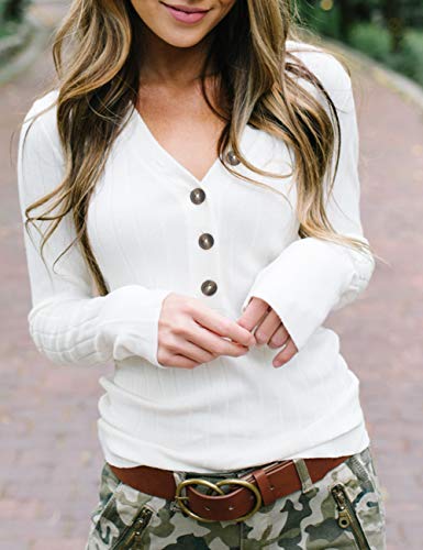 Merokeety Women's Long Sleeve V Neck Ribbed Button Knit Sweater Solid Color Tops White #TOP7