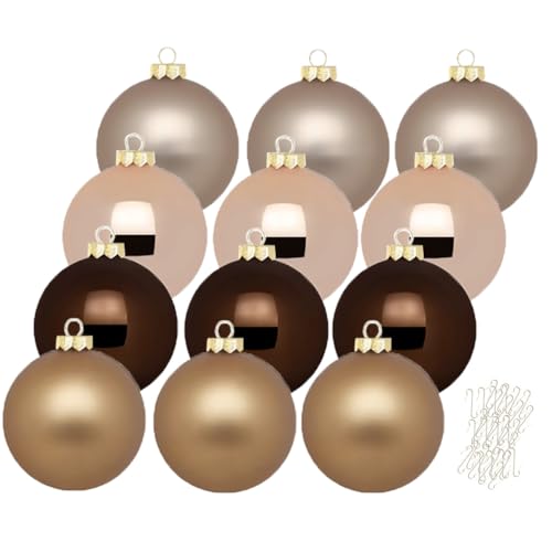 Inge Glas große Weihnachtskugeln mit Haken | Christbaumkugeln aus Glas | Set 12 Kugeln 8cm groß und 40 Aufhänger | Christbaumschmuck Weihnachtsbaumkugeln (Elegant Lounge | braun)
