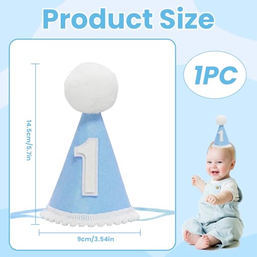 Vyqrx 1st Birthday Hat for Boys & Girls, Baby Boy First Birthday Decorations with Pom-Pom, Soft Felt Cone Party Crown for 12 Month Old, Adjustable Strap Cake Smash Photo Prop (Blue1) - Image 5