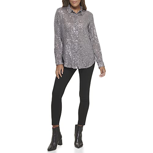 Calvin Klein Women's Sparkly Tunic Long Sleeve Sequin Mesh Oversize Blouse, Metallic Granite, X-Small #TOP1