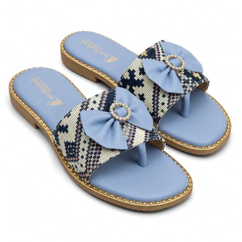Image of Women's Printed Bow Detail Flat Sandals | Casual Comfort Slippers for Girls