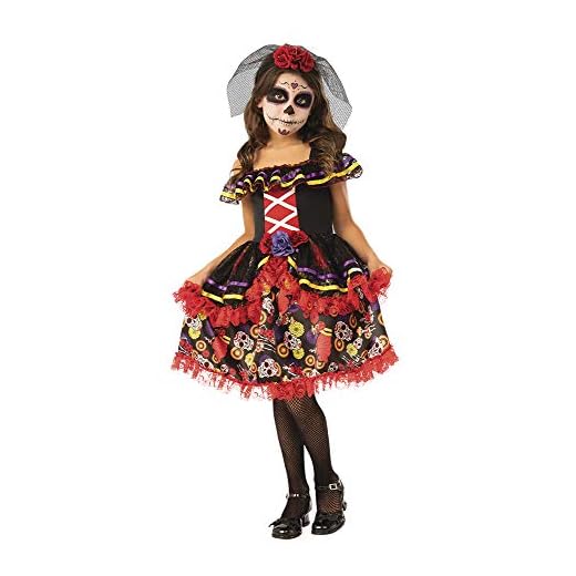 Rubies Disfraz Catrinita Deluxe para niña, Vestido negro de tul en rojo, estampados de calaveras y diadema de rosas con velo, Licencia Oficial Rubies
