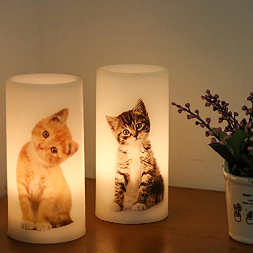 Eldnacele Flameless Flickering Candles Cute Cat Decal With Remote Control And Timer, Battery Operated Real Wax Pillar Led Candles Pack Of 2 For Home, Party, Christmas Decoration, Gift For Kids #TOP4