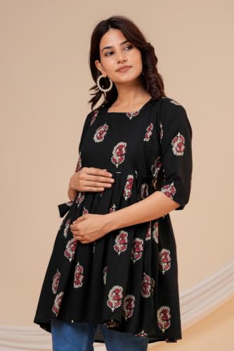 Image of THE Moon Star Women's Cotton Floral Printed Anarkali Maternity Feeding Kurti | Breastfeeding Dress for Mothers | Zipper Feeding Kurti, Nursing Kurti, Comfortable and Trendy Maternity Wear