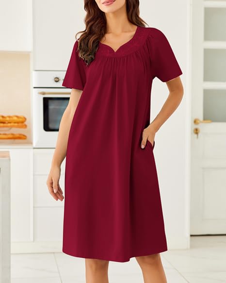 Image of Ekouaer Moo Moos for Women House Dress With Pockets Cotton Nightgowns Short Sleeve Night gowns Embroidered Mumu Dress