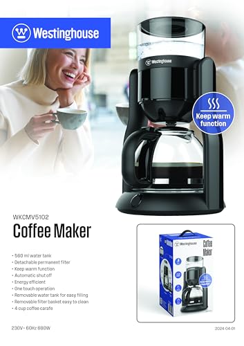 Image of Westinghouse 560ml 680W 4 Cup Drip Coffee Maker Black | One Touch Operation, Keep Warm Function, Detachable Permanent Filter, Espresso Machine | 2 Years Warranty (WKCMV5102)