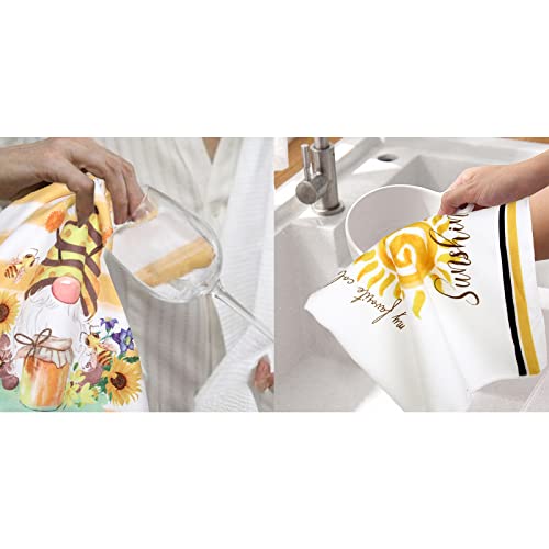 4 Pcs Kitchen Towels Sunny Sunflower Honeybee Dish Towels, Decorative Bee Hand Towel Absorbent Sunflower Decor For Kitchen Dishes, Yellow Summer Tea Towels For Home Housewarming Gifts, 16 X 24 Inches #TOP6